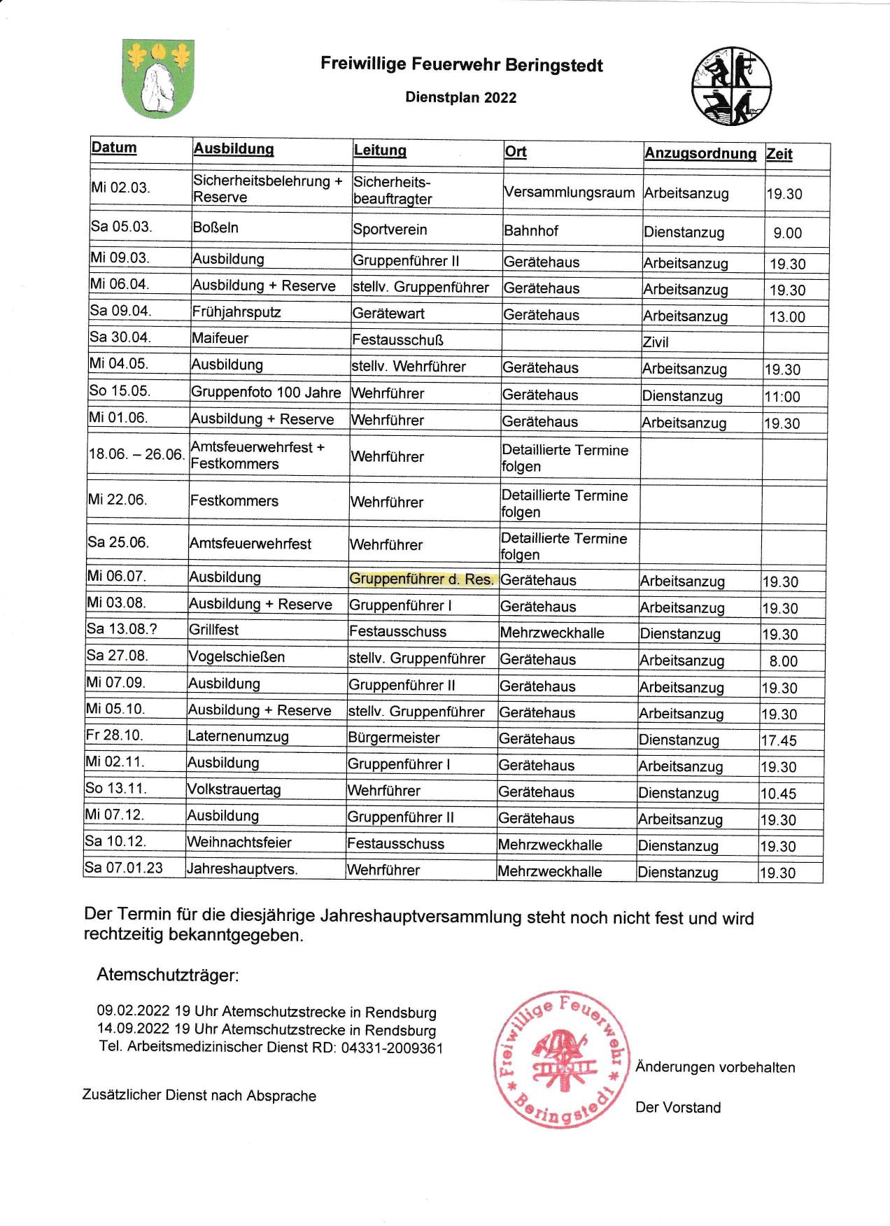 Dienstplan Feuerwehr Beringstedt