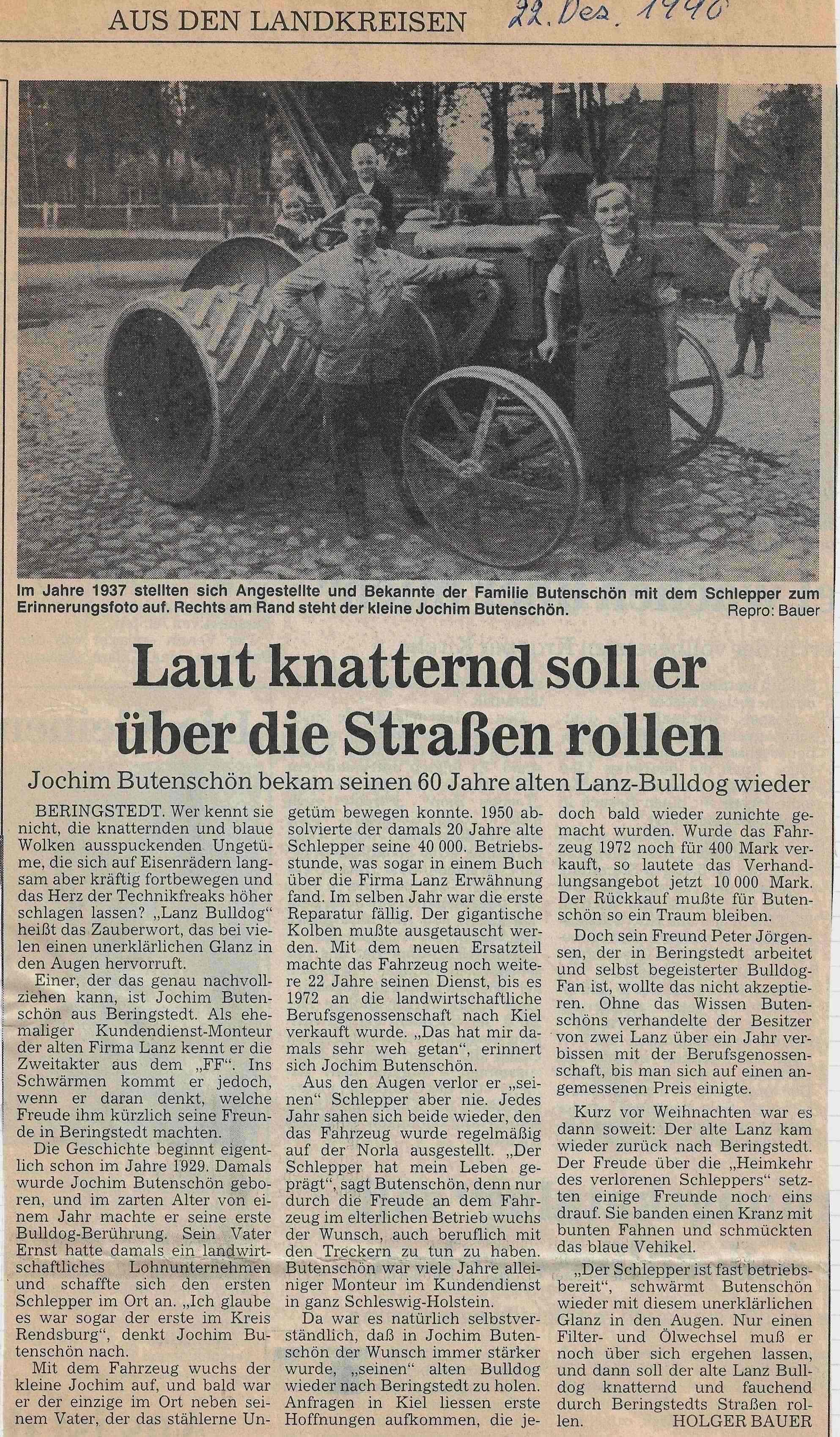 Lanz Bulldog Zeitungsartikel von 1990 für website